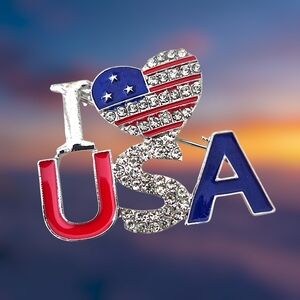 Patriotic Heart USA Flag Brooch - Red, Blue, Silver